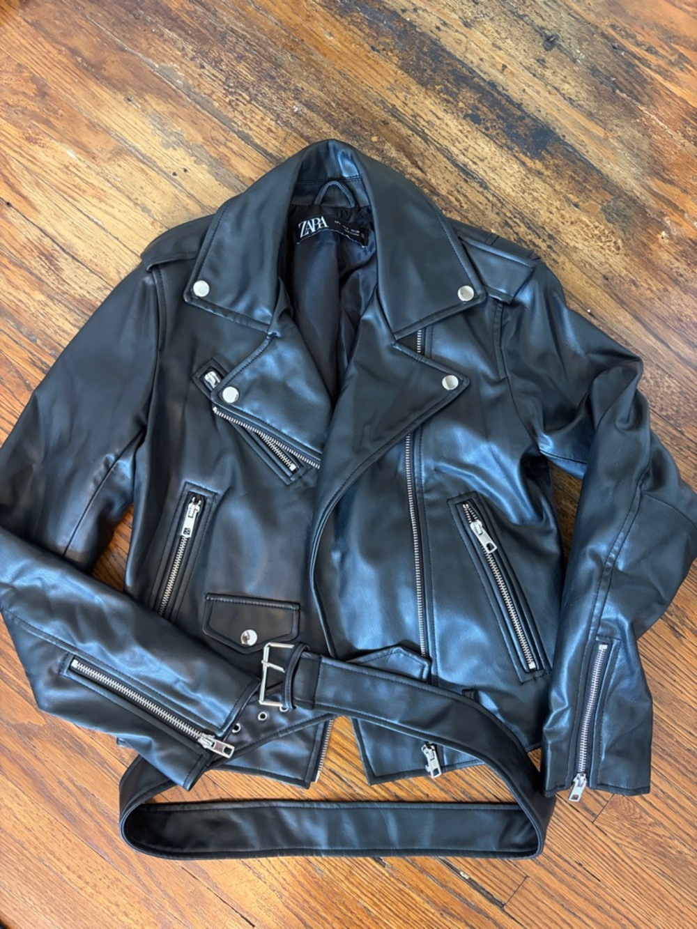 Zara Black Faux Leather Biker Jacket with Belt